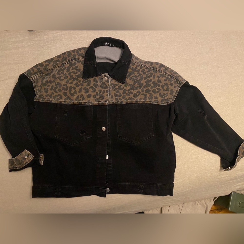 Blue B cheetah & black oversized denim jacket